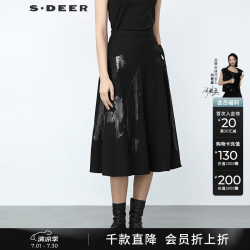 S.DEER 2021冬季女装个性飘带胶毛呢A字长裙S21481125 黑色/