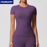 FOURDATRY 纯色双面磨毛紧身运动短袖T恤运动跑步健身瑜伽