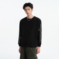 BIPOLAR 锯齿绣花袖子长袖T恤男秋装重工刺绣宽松慵懒风百搭上衣女 黑色 M