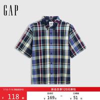 Gap 男女装夏季款格纹翻领短袖衬衫宽松简约休闲上衣731134