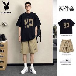 PLAYBOY 两件套夏季索罗娜凉感短袖T恤男宽松潮流潮牌冰丝短裤套装 黑色T恤
