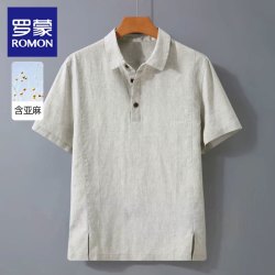 罗蒙 高档含亚麻翻领短袖体恤宽松休闲Polo衫含麻布料百搭体恤衫潮t男 卡其色 XL 【
