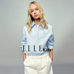 ELLE KIDS童装 学院风蓝白条纹衬衫女童法式绣花长袖上衣春季新C1