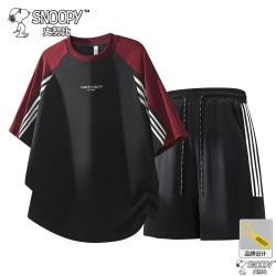 史努比 短袖套装男夏季薄款冰感透气短裤休闲潮牌两件套 黑色 3XL