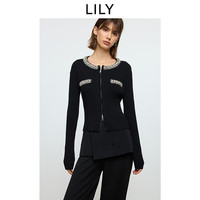 LILY 2026春新款含羊毛小香风钉钻圆领修身通勤黑色针织开衫短款女 510黑