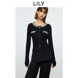 LILY 2026春新款含羊毛小香风钉钻圆领修身通勤黑色针织开衫短款女 510黑