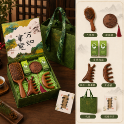己花 国风养生按摩梳礼盒 檀木气垫梳+香薰精油