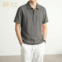 金菊 100%亚麻翻领短袖Polo衫男士高档休闲上衣2026夏季薄款宽松T恤男