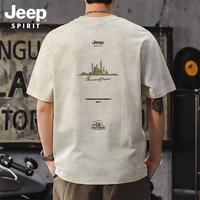 Jeep SPIRIT吉普潮流重磅短袖T恤男夏季复古印花圆领半袖上衣男 杏色