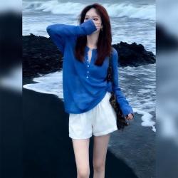 BOYI 帛逸 女士长袖T恤 海边度假半开领侧边扭结宽松落肩