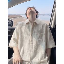 MONPOC短袖衬衫男夏季薄款青少年港风痞帅衬衣外套MOC08麻杏色XL