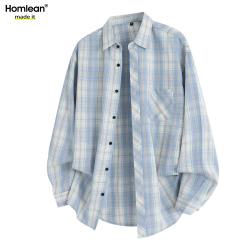 Homlean 格纹衬衫休闲长袖男士夏季美式百搭高级感衬衣外套HC09浅蓝L