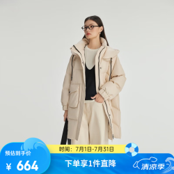 艾莱依 晚八点真五折！PU连帽中长羽绒服
