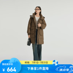 艾莱依 晚八点真五折！PU连帽中长羽绒服