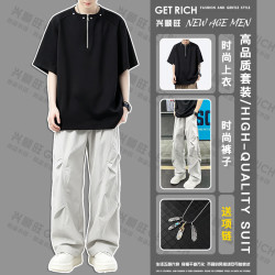 啄木鸟 美式套装男款夏季短袖polo衫半袖帅气一套上衣服搭配潮流工装裤 T236黑色+DS47浅灰色 XL 码