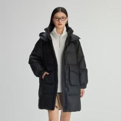 艾莱依 90%绒PU蛋白皮机能风连帽中长羽绒服 多色可选 6024701127