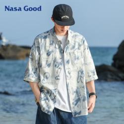 NASA GOOD 短袖衬衫男夏季潮牌韩版涂鸦字母休闲宽松七分袖衬衣 白3XL