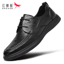 红蜻蜓 男士夏季款休闲皮鞋头层牛皮软底软面系带黑色英伦风男士鞋