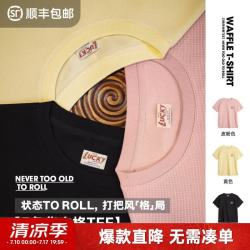 马登 工装美式复古华夫格圆领短袖t恤重磅阿美咔叽印第安印花上衣男夏 黑色  L