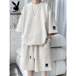 PLAYBOY 夏季重磅休闲套装男宽松大码短袖t恤短裤加肥加大胖子穿搭一整套