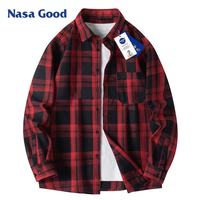 NASA GOOD 长袖衬衫男春季百搭潮流格子上衣时尚休闲打底衫男装外套 红XL