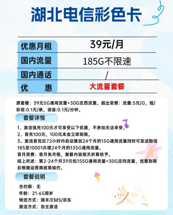 中国电信 湖北省卡29元185G全国流量不限速