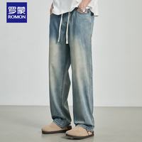 罗蒙 莱赛尔牛仔裤男士夏季美式复古长裤宽松直筒阔腿裤子 怀旧蓝    M