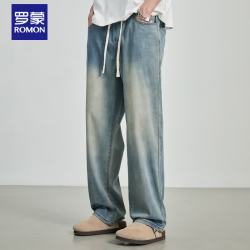 罗蒙 莱赛尔牛仔裤男士夏季美式复古长裤宽松直筒阔腿裤子 怀旧蓝    M