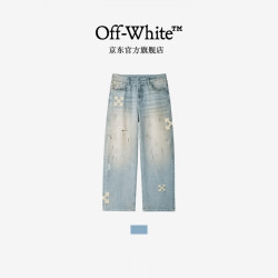 OFF-WHITE ™夏季泼墨箭头刺绣轻奢潮牌牛仔裤男百搭高端复古做旧直筒长裤女 浅蓝色 S