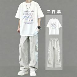 鲁雅尔 短袖t恤男夏季潮流薄款套装高街百搭运动休闲一套学生穿搭两件套 白T+浅灰裤子 XL