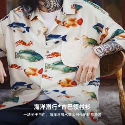 马登 工装美式复古宽松休闲设计感短袖花衬衫外套古巴领衬衣男夏薄 乳白色 L -宽松偏大