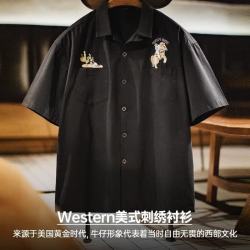 马登 工装 美式复古巴领衬衫刺绣黑色纯棉衬衣vintage短袖外套男夏 曜石黑 oversize L