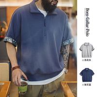 马登 工装美式复古男士polo衫短袖古布印花boro风宽松休闲翻领T恤男夏 浅花灰 L