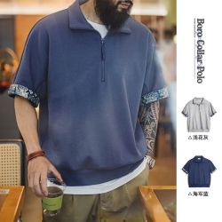 马登 工装美式复古男士polo衫短袖古布印花boro风宽松休闲翻领T恤男夏 浅花灰 L