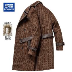 罗蒙 100%羊毛呢大衣男秋冬轻奢高端中长款时尚加厚呢子外套休闲风衣男