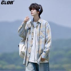 CLOR 格子长袖衬衫男士春夏季ins宽松休闲衬衣复古外套CLCX10黄色XL