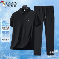 啄木鸟 休闲运动套装男士夏季透气短袖t恤男冰丝裤子中老年两件套爸爸装