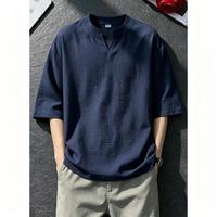 月伊纺 新款宽松大码半袖上衣中国风打底衫男士仿麻轻薄透气小V领短袖T恤