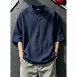 月伊纺 新款宽松大码半袖上衣中国风打底衫男士仿麻轻薄透气小V领短袖T恤