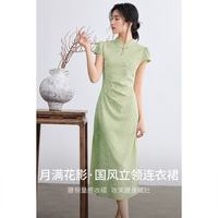 尚都比拉 立领盘扣泡泡袖提花肌理 绿色 L 连衣裙