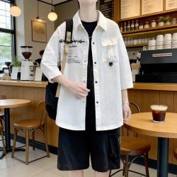 港诗伦短袖衬衫外套男2026夏天防晒新款宽松潮流通勤休闲七分袖上衣开衫 黑色 轻薄 2XL (180)
