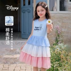 迪士尼 女童夏季连衣裙2026夏季新款中大童女孩渐变色彩虹亮片网纱公主裙 蓝色