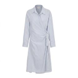 ZARA 蓝棕色竖纹深v领衬衫裙女士连衣裙