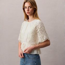 ZARA 女士时尚潮流度假风纯色简约刺绣薄纱休闲T恤