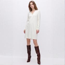 Massimo Dutti 纯色系 女士小黑裙垫肩V领长袖连衣裙