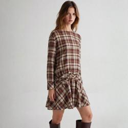 ZARA 韩系宽松收褶格纹衬衫连衣裙 长袖收腰慵懒文艺风