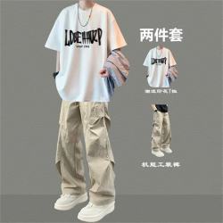 卡图弛 纯棉短袖t恤套装男夏季宽松潮流青少年学生穿搭冰丝裤子一套衣服 白色短袖+卡其色裤子 XL