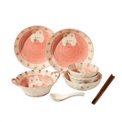 CERAMICS 草莓兔陶瓷碗盘筷餐具套装2人食 10件套 高温釉下彩工艺