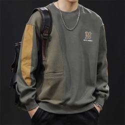 古先森 重磅潮牌卫衣男秋冬款圆领衣服秋季宽松大码长袖休闲男款拼接外套 灰绿色 4XL