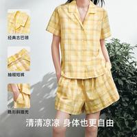 Ubras 纯棉格子纹短袖短裤家居服套装 深邃柠檬色 S